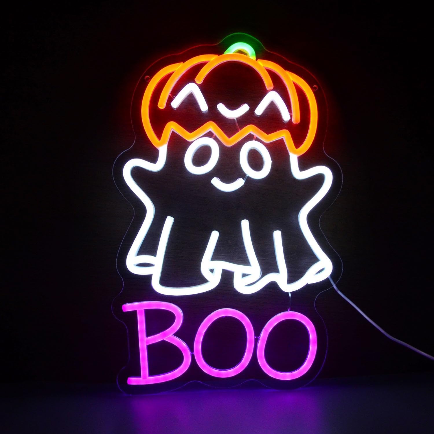 Home Decor Lighting Tricks - Niedlicher Geister-Kürbis-Hut BOO LED-Neonschild Halloween-Wanddekoration Licht