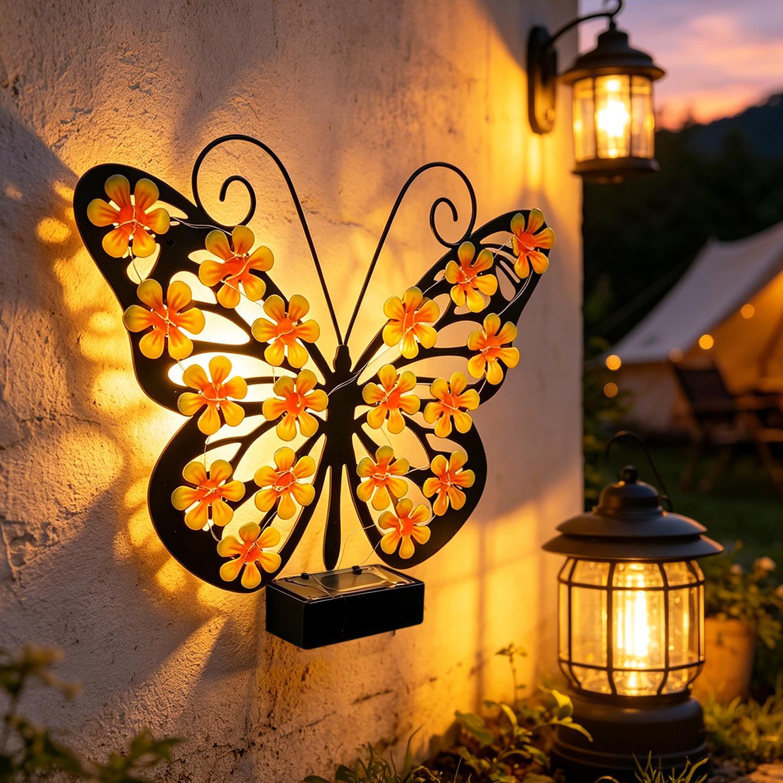 Lighting Metal Wall Decor - LED-Solar-Wandleuchten aus Metall, Dekoration, Solar-Gartenleuchte, Schmetterlings-/Bienen-/Eulen-Designs,