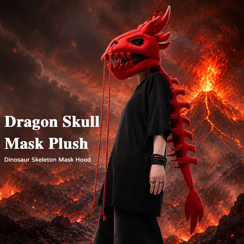 Lighting Design Decor - Drachen-Schädel-Säulen-Plüschhaube Lange Dinosaurier-Skelett-Kopfmaske Cosplay-Party-Kopfbedeckung für Halloween-Kostüm